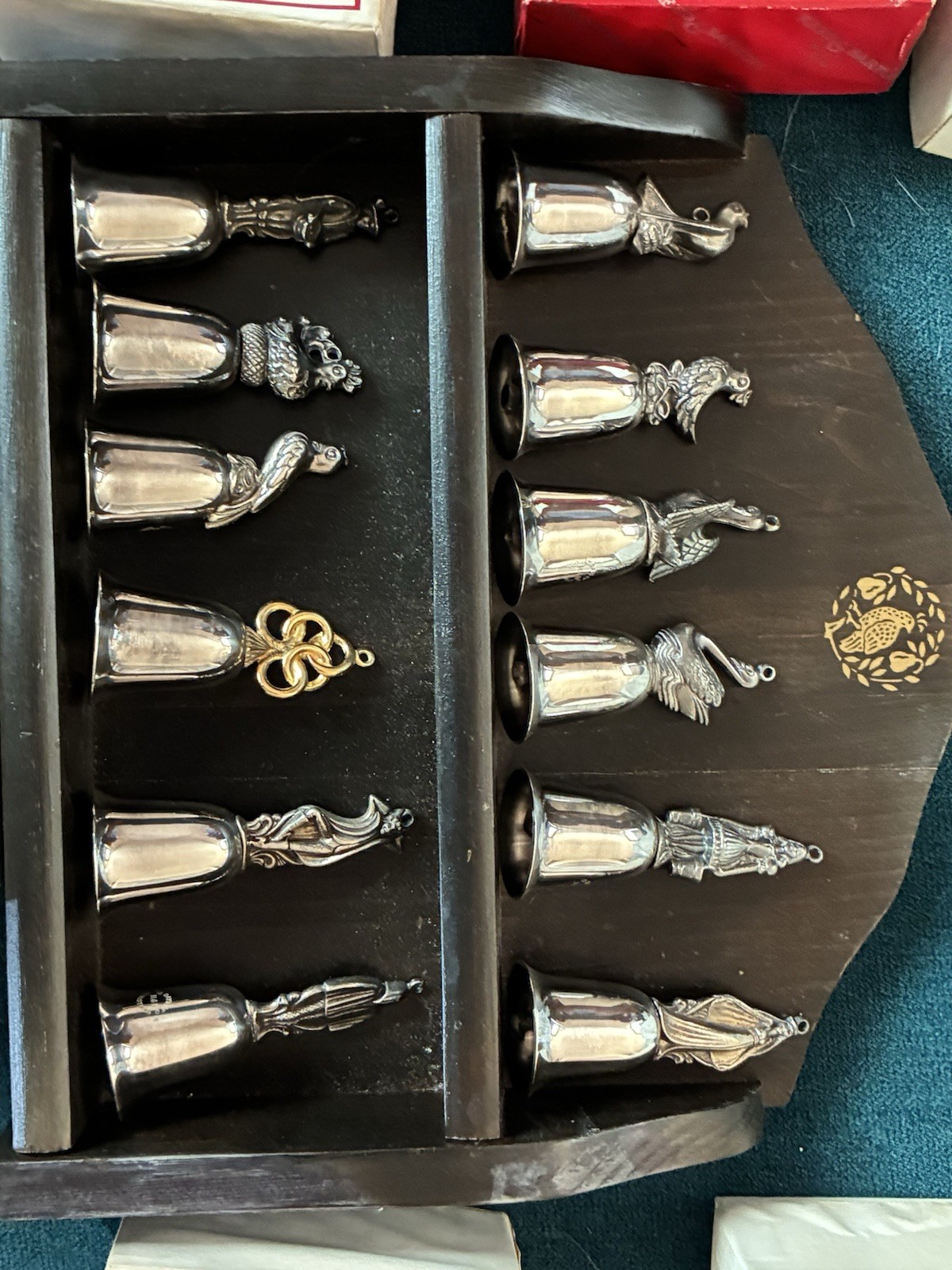 Reed & Barton Twelve Days of Christmas Silverplate Bell Set W/ Shelf Complete