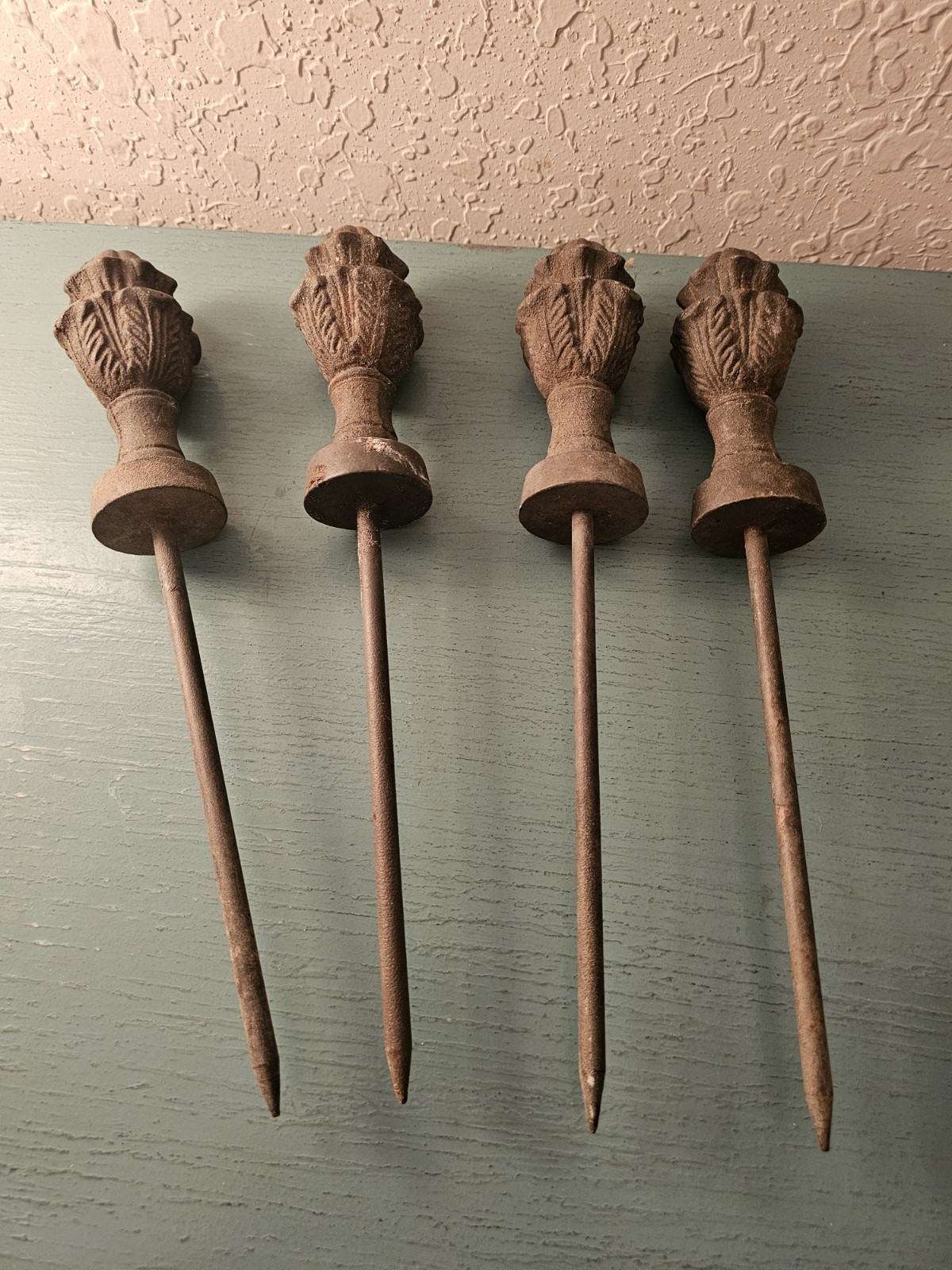 Antique Garden Salvage-4 Cast Iron Hose Guide Stakes W/FencePost Finial...