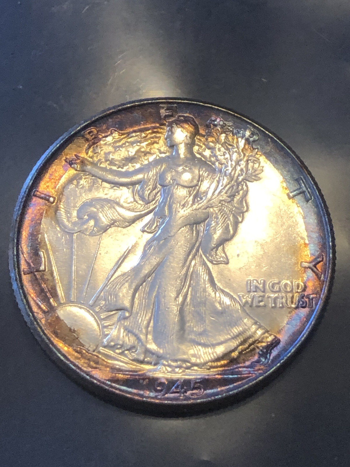 1945 W Walking Liberty Half Dollar Rainbow Toned BU