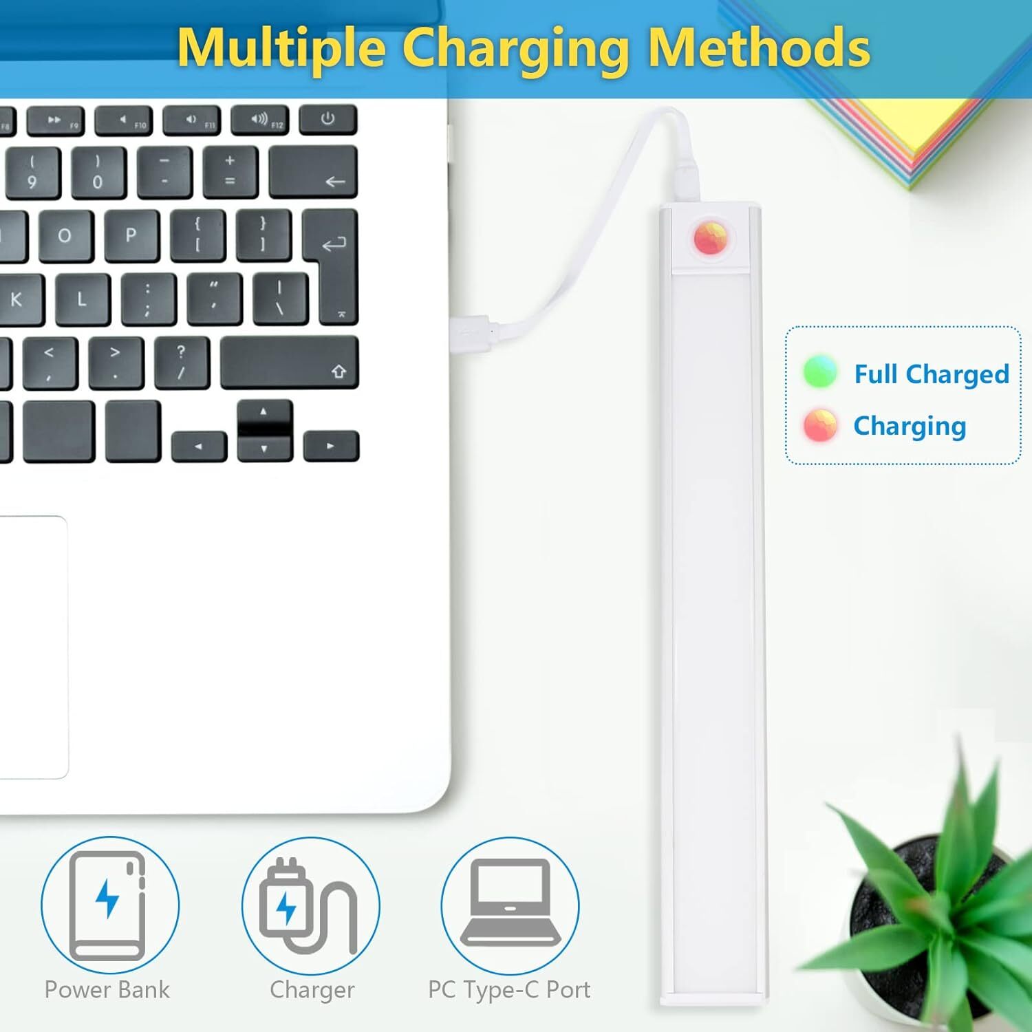 LED Motion Sensor Under Cabinet Closet Light USB Rechargeable Kitchen Lamp Strip