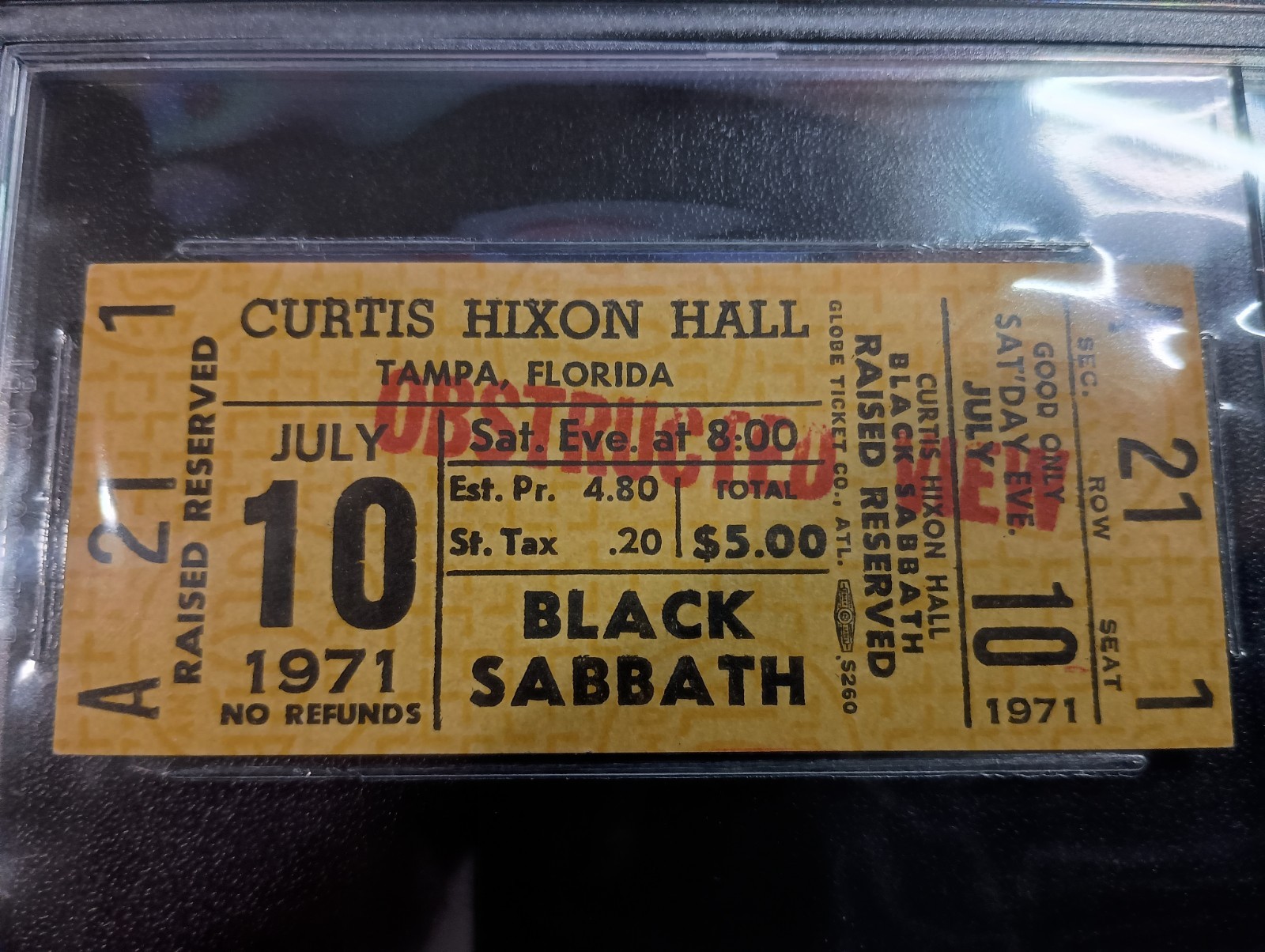 Black Sabbath Full Yellow Concert Ticket Curtis Hixon Hall Tampa 7/10/1971 BAS
