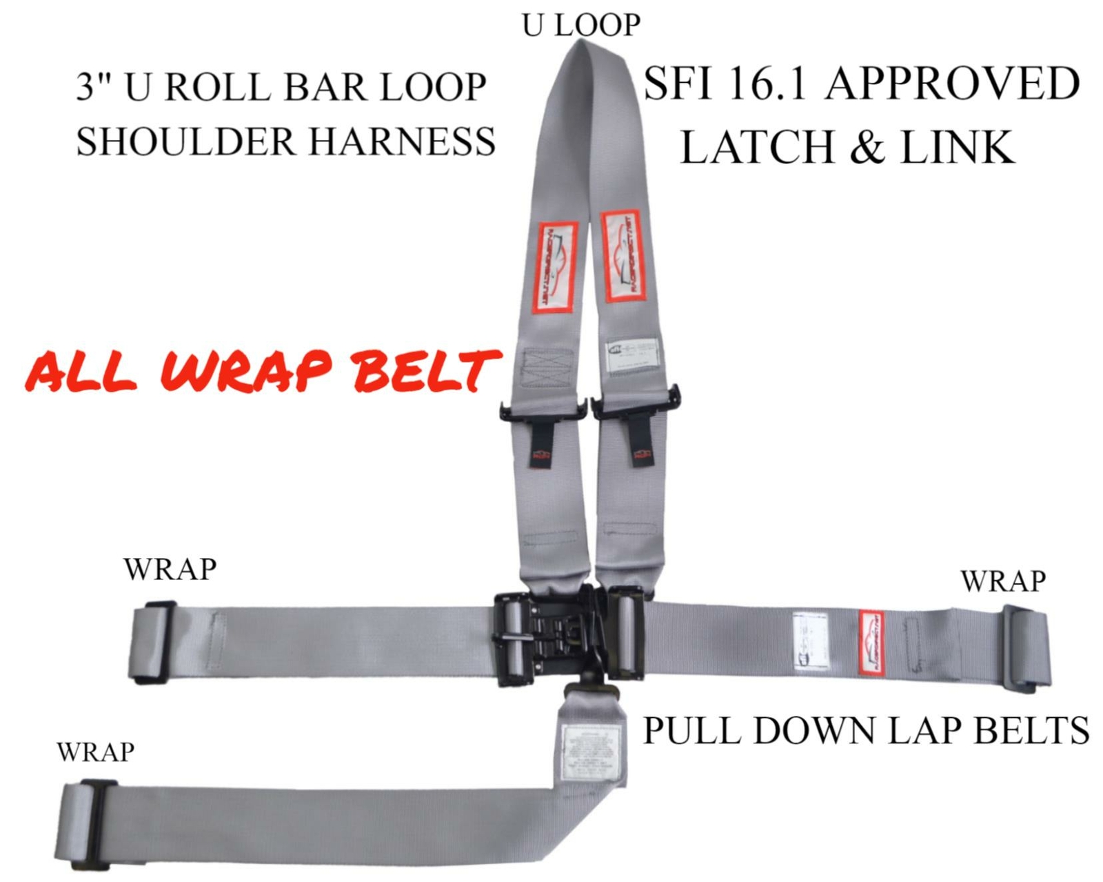 DRAGSTER ALL WRAP RACE HARNESS 3" RACE HARNESS 5 POINT SFI 16.1 LATCH LINK GREY