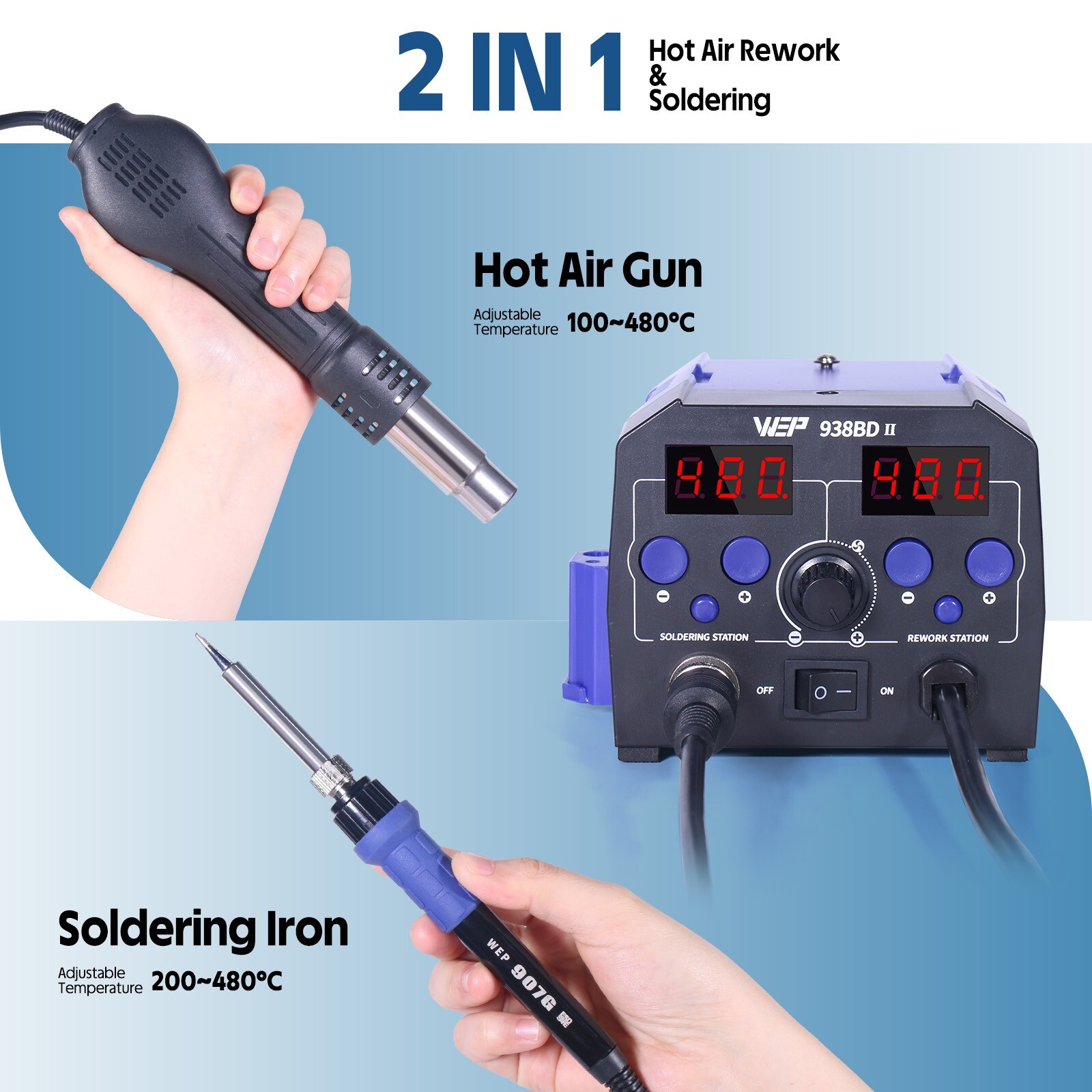 WEP 938BD-II Soldering Iron Station Hot Air Gun Desolder Station with LED Lamp