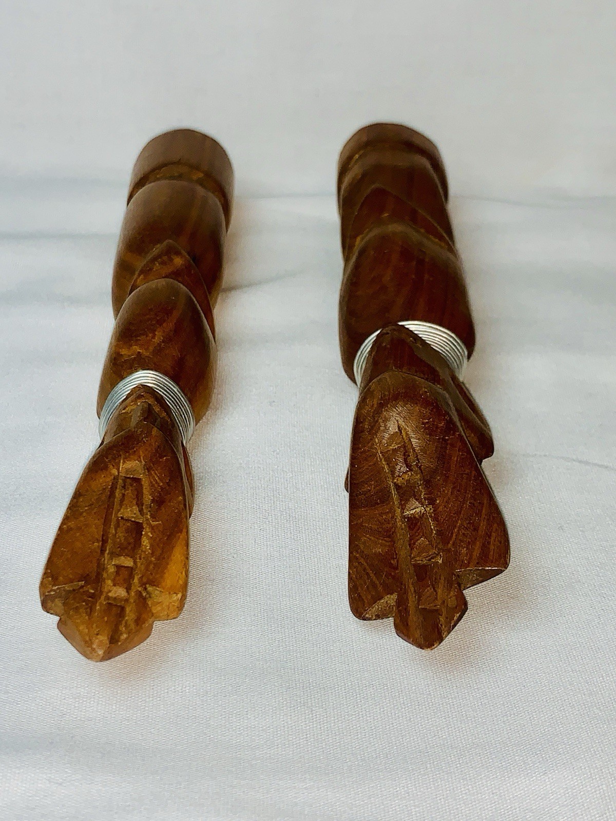 Vtg MCM African Hand Carved Teak Wood Tribal Figurine Statue Pair 7.5" Kenya