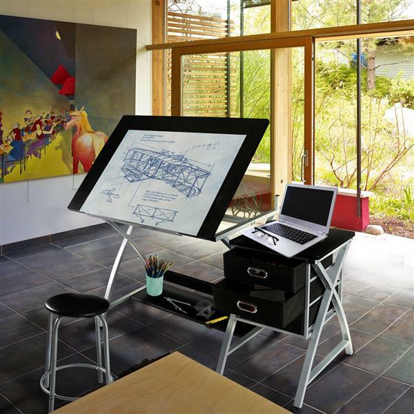 Adjustable Drafting Table Artist Desk Art Craft Drawing Desk w/ Storage & Stool