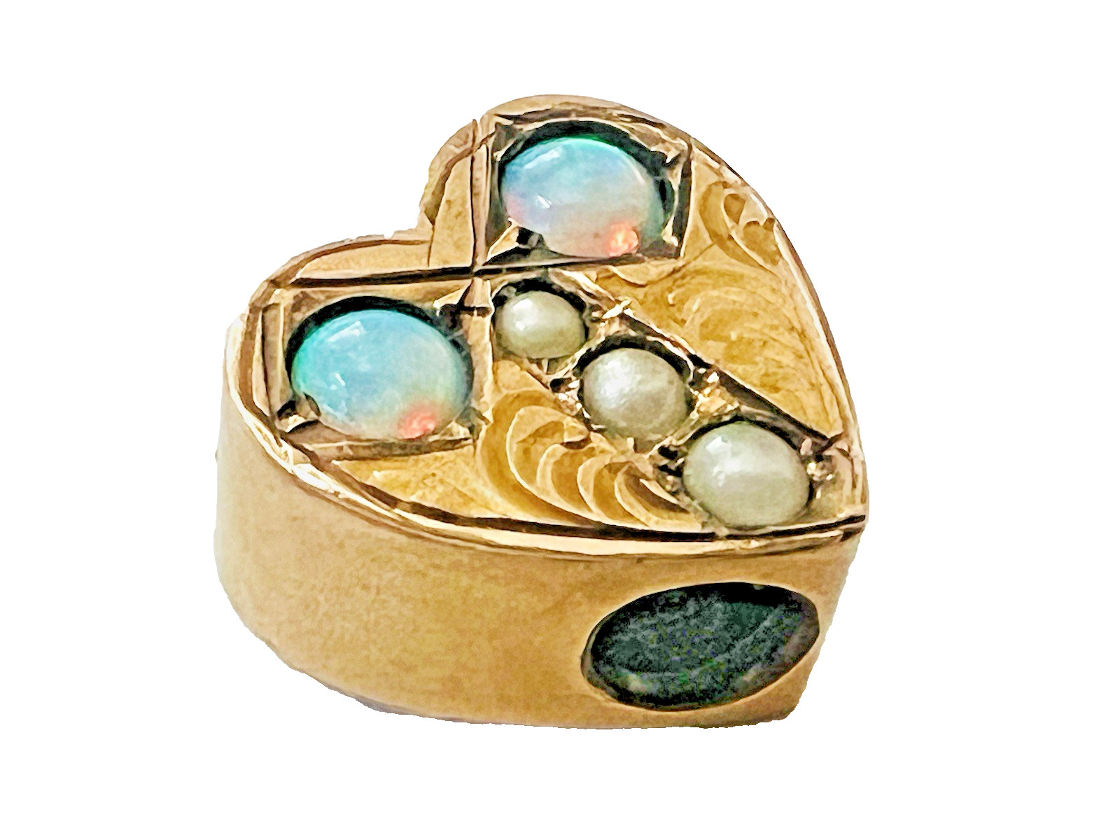Victorian Gold Filled  Heart Shaped Opal Seed Pearl Slide for Muff Watch Chain