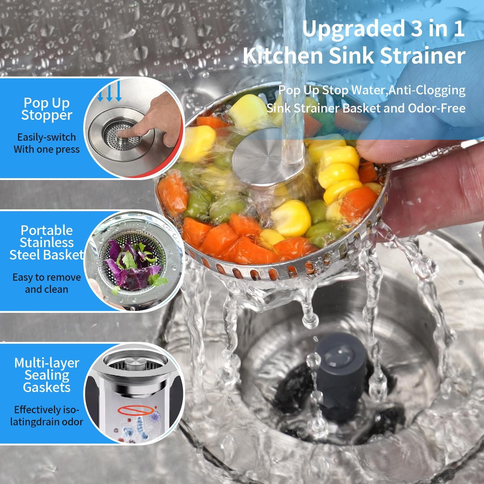 Stainless Steel 3 in 1 Kitchen Sink Drain Strainer trainer Stopper Drain Basket