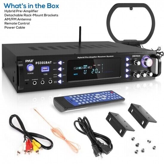 Pyle Hybrid Amplifier Receiver, 3000W / AUX,USB,RCA Inputs - Black P3301BAT