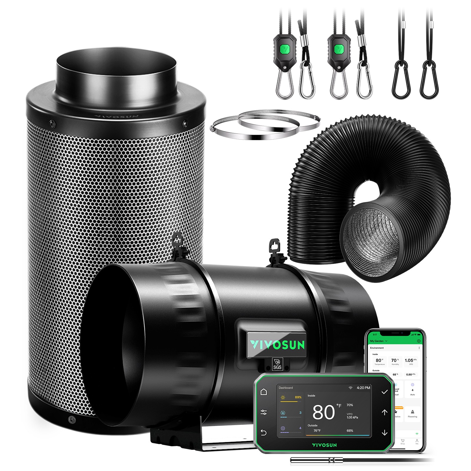 VIVOSUN Smart Air Filtration PRO Kit T8 Inline Ducting Fan Filter E42A+ Growhub