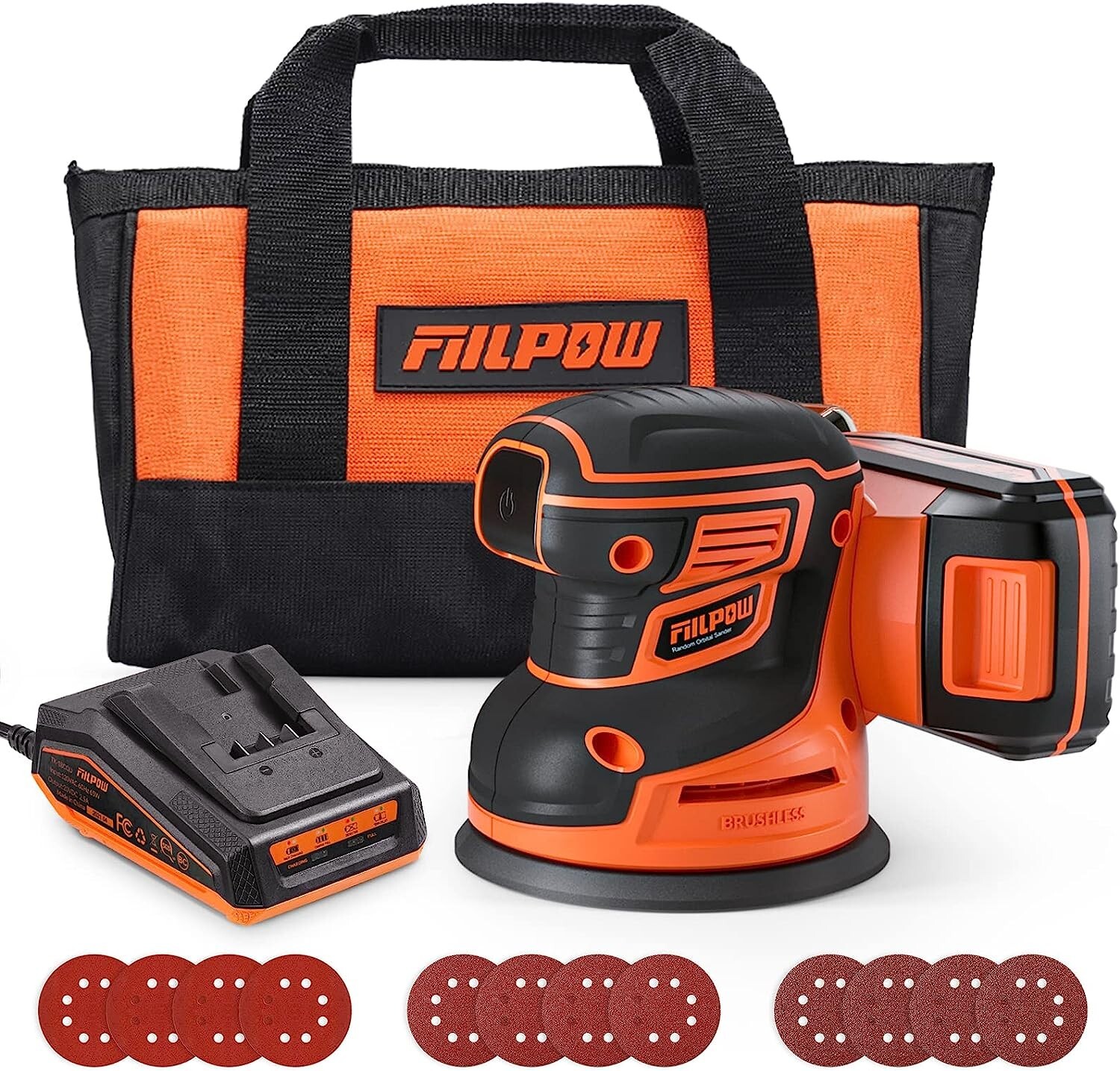 FIILPOW Cordless Random Orbital Sander, 20V Brushless Sander with Battery,