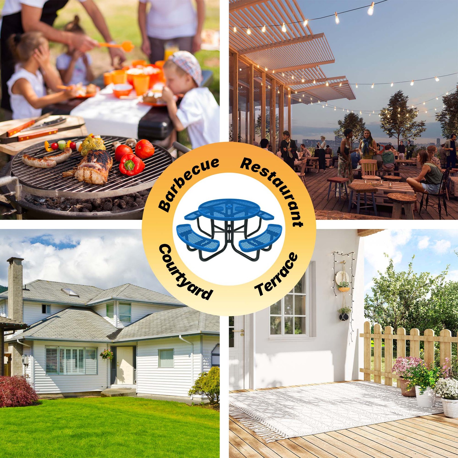 LAUCO 46 Inch Round Metal Picnic Table with Attached Benches, Red Thermoplastic