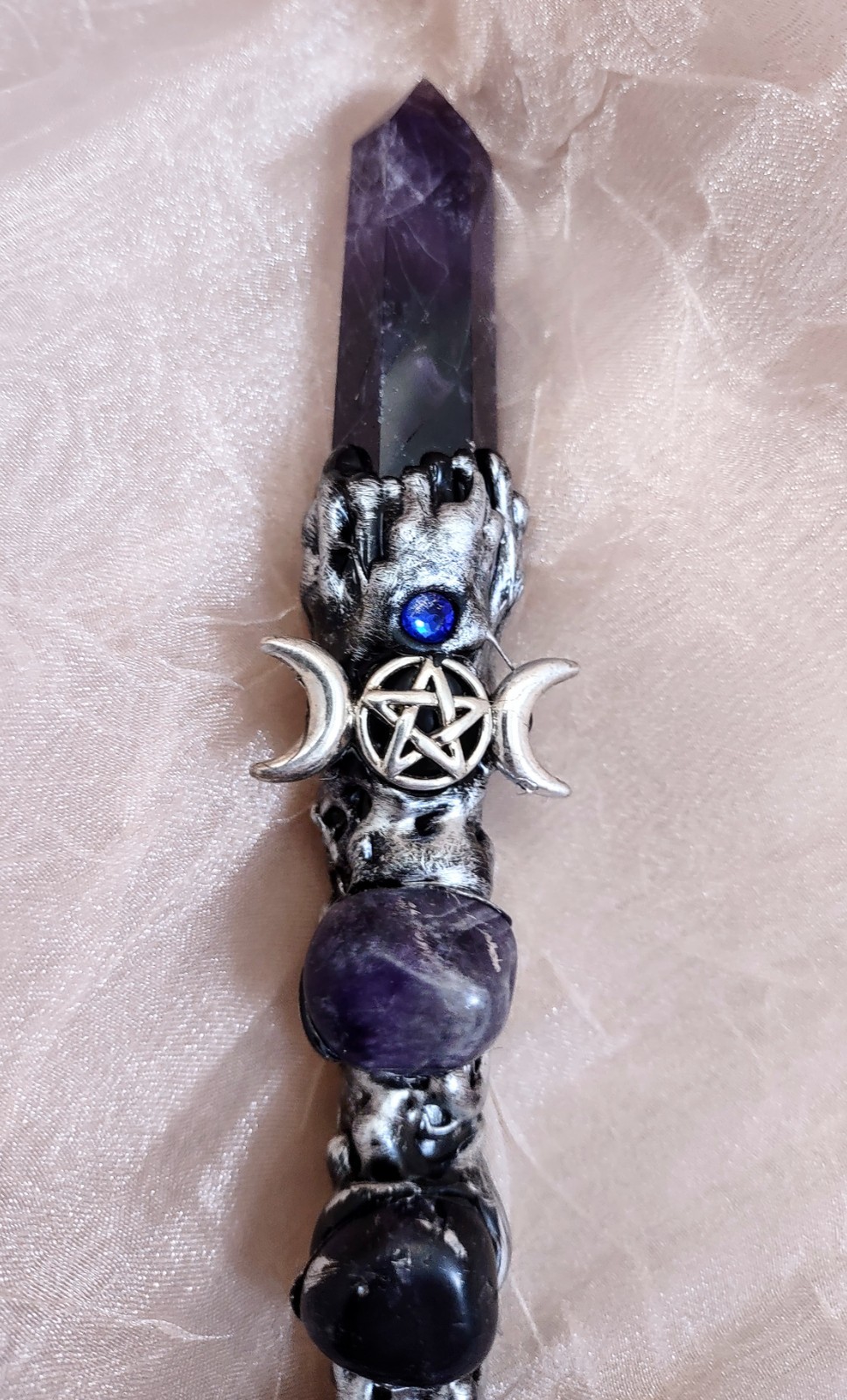 Magic Wand Amethyst Point & Silver Triple Moon Pentacle 10" Wiccan Pagan Witch