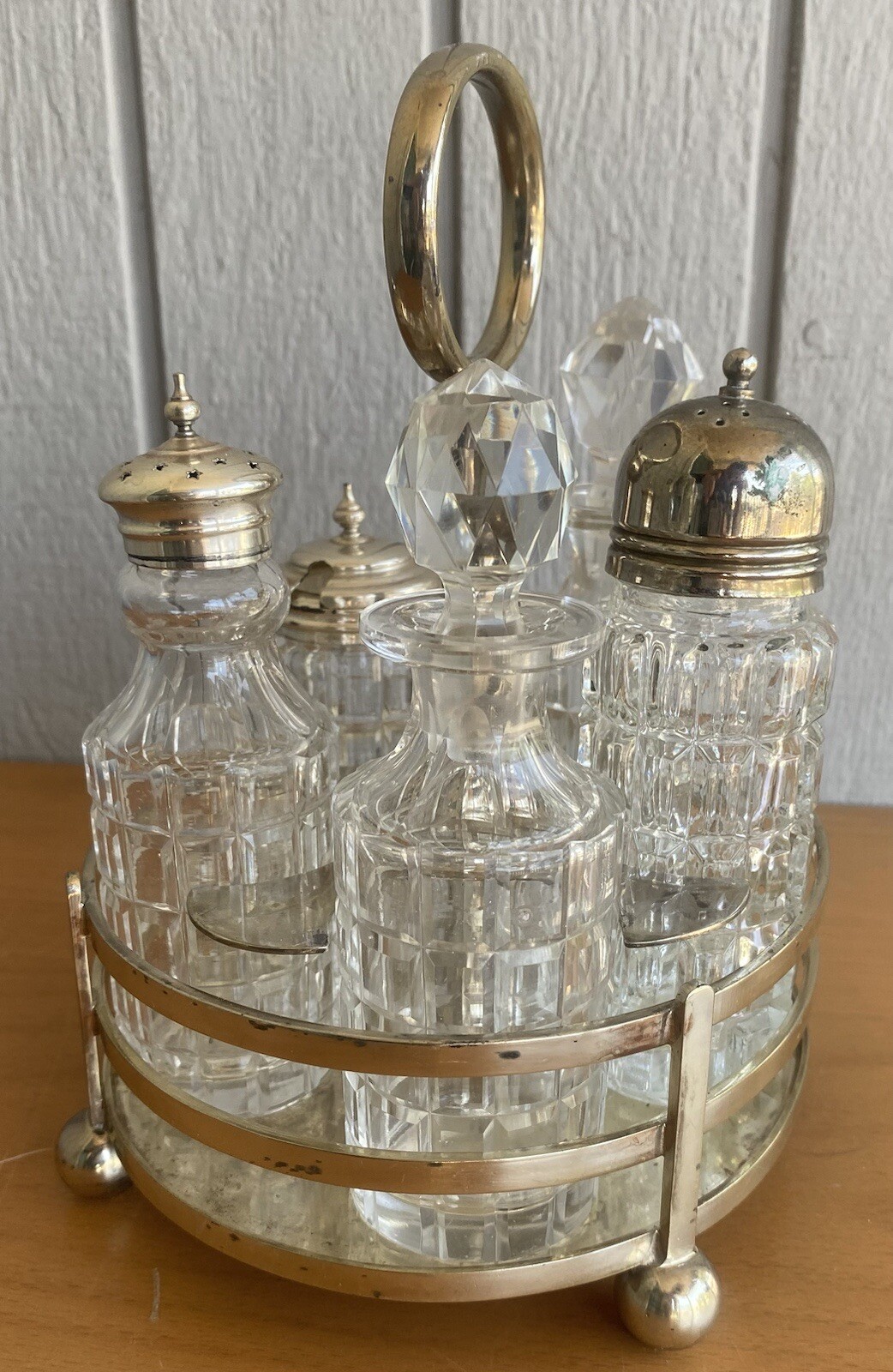 1887 Walker & Hall Victorian Silver Plate Antique Cut Crystal 6 pc Cruet Set