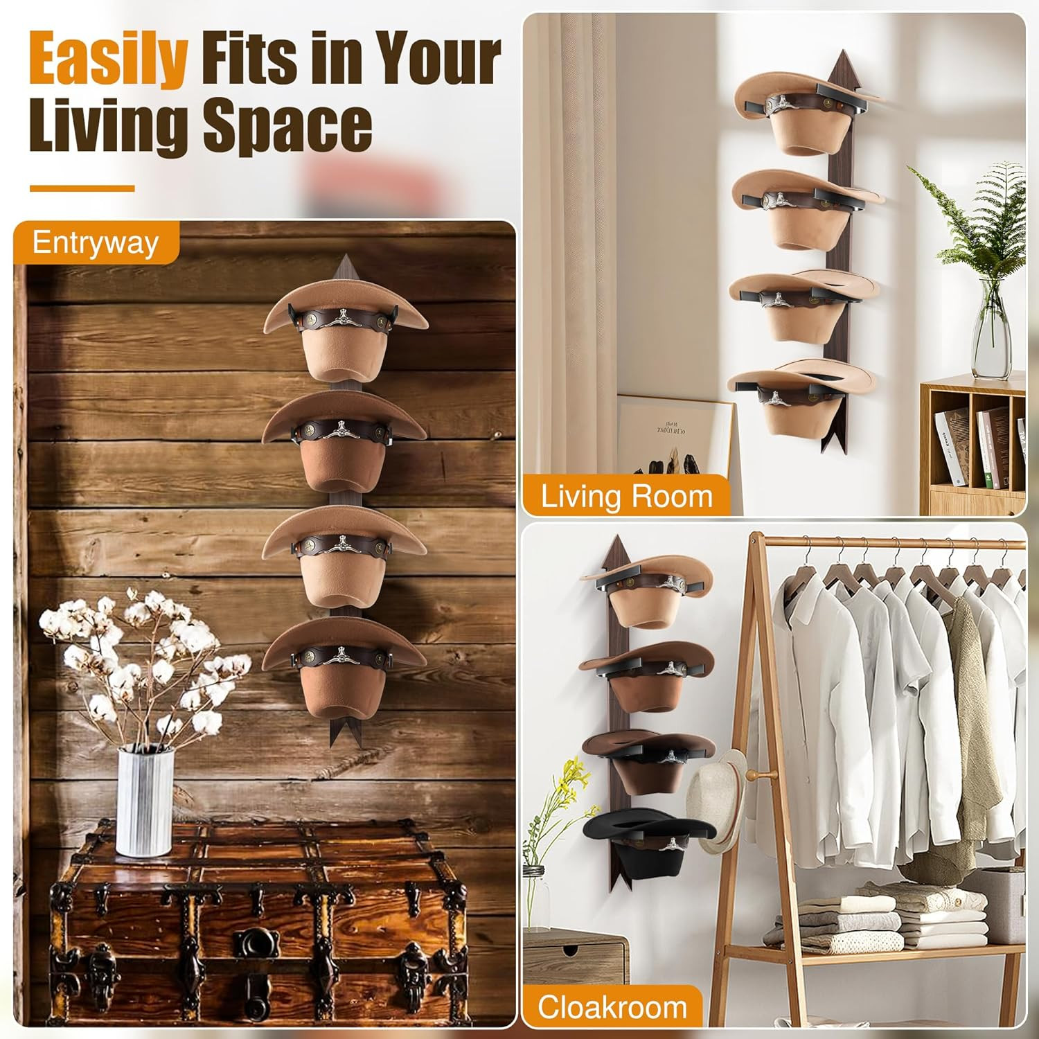 Cowboy Hat Rack Holder Wall Mount Holds up to 4 Hats Wooden Western Rustic Metal