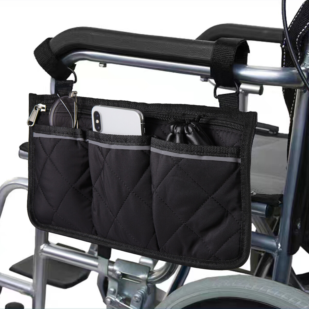 Wheelchair Side Bag Hang on Side Armrest Accessories Storage Pouch w/ Cup Holder