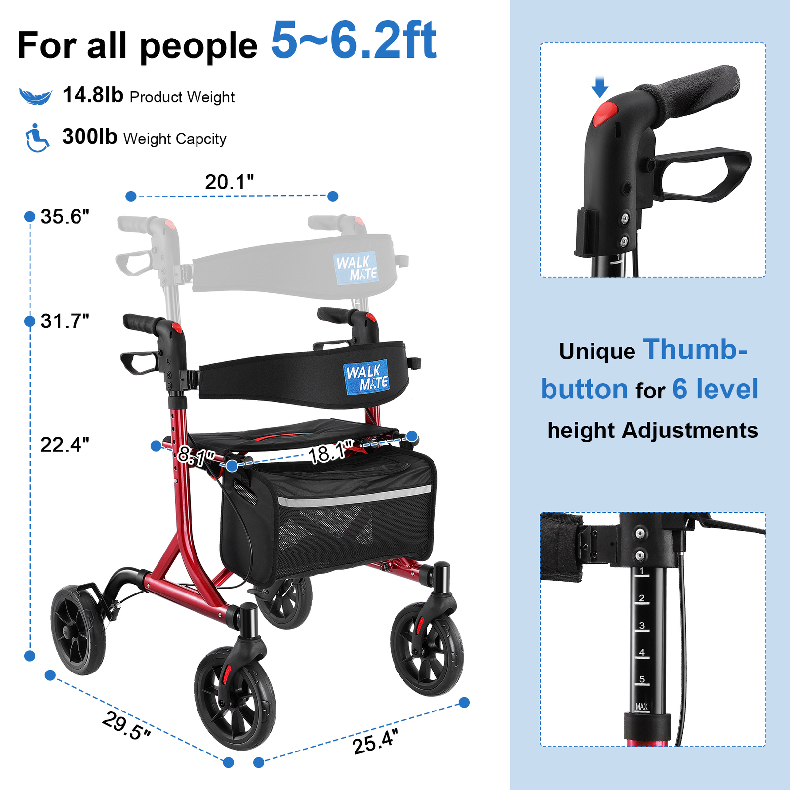 Senior Walker Lightweight Rollator Walker With Seat Wheels Brakes & Storage Bag