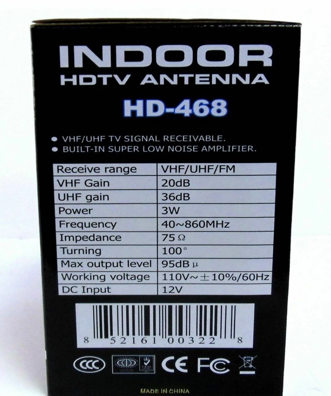 HD-468 Indoor HDTV Antenna, Amplified 4k Ready 1080P Indoor VHF/UHF Receiver
