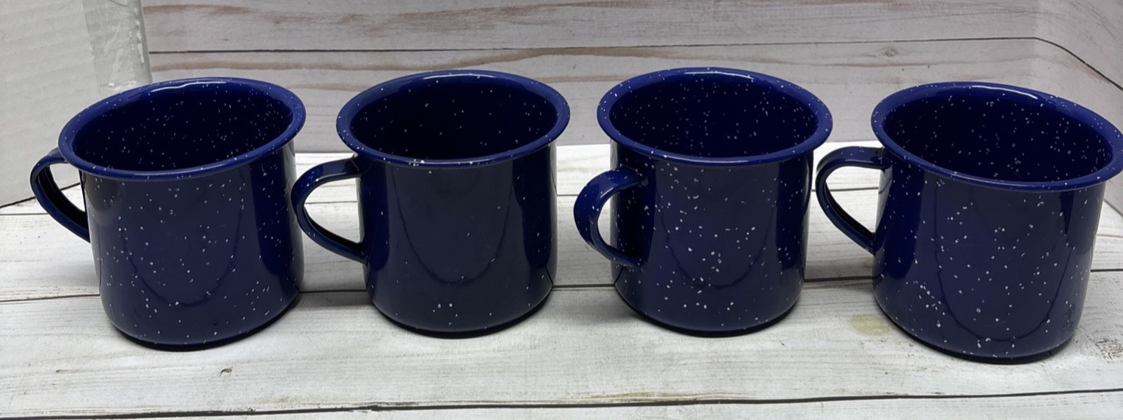 Blue Enamelware tin Set Of 4 Cups Mugs 1 Missing Some Enamel Camping Or Home Use