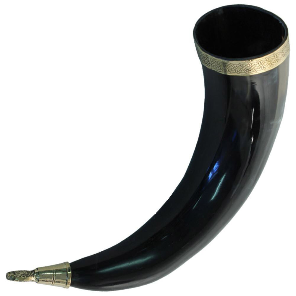 Brass-Adorned Medieval Renaissance Drinking Horn with Metal Stand 100% real Horn