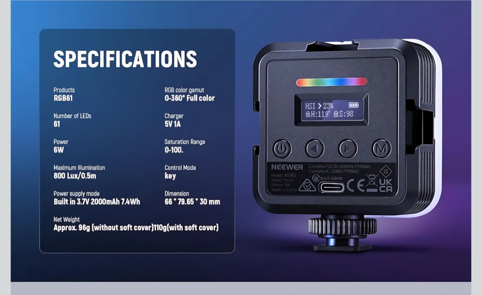 NEEWER Magnetic RGB Camera Light, 360° Full Color RGB61 Small LED Panel BRIGHT!