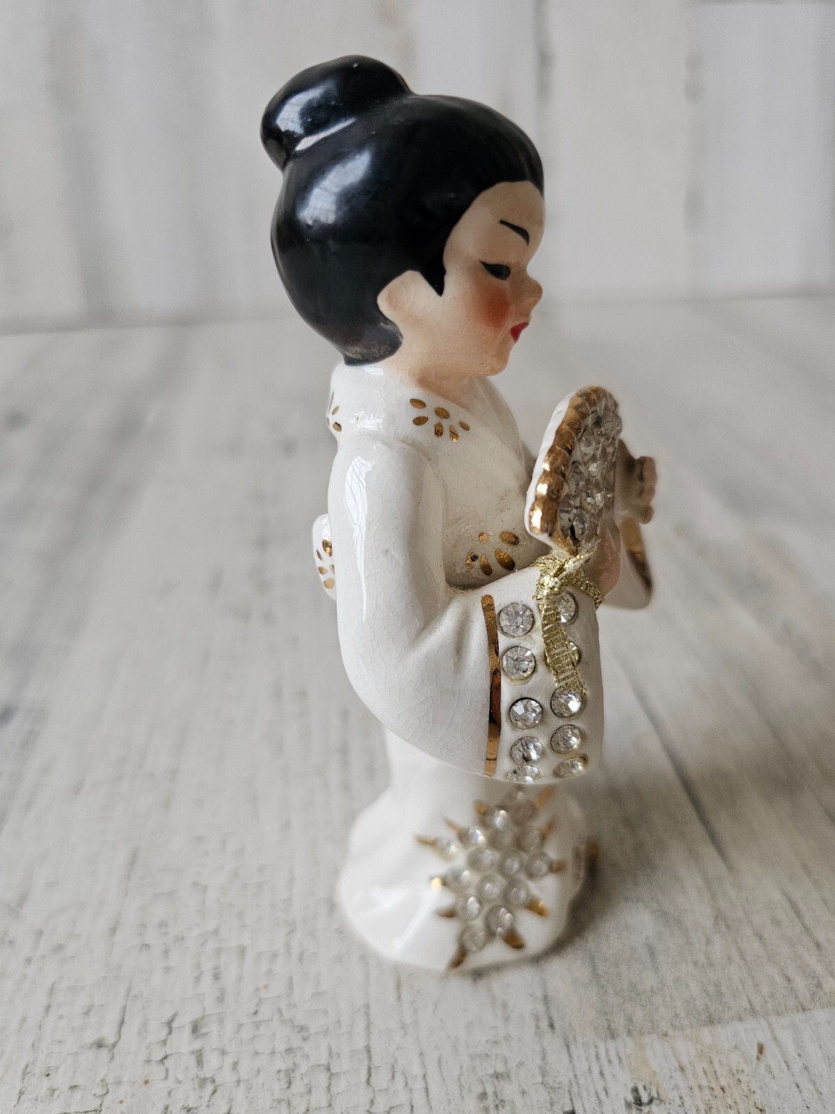 Lefton vintage geisha lady fan statue figurine rhinestone Japanese