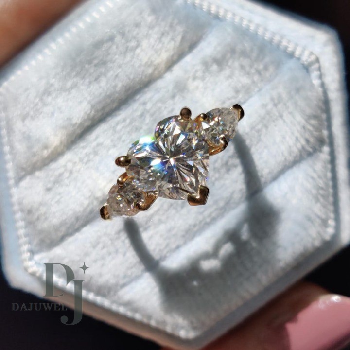 Moissanite Three Stone Engagement Ring Solid 14K Yellow Gold Heart Cut 2.70 CT