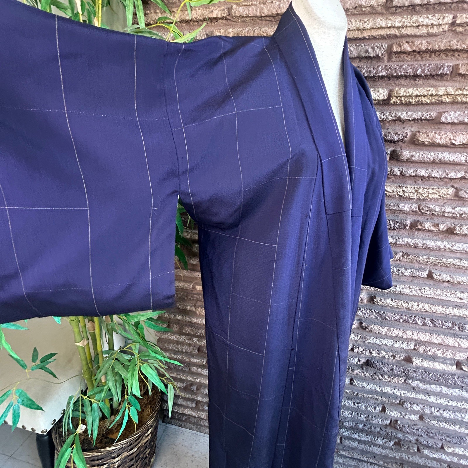 Japanese Vintage Navy Blue Windowpane Full Length Kimono Robe 100% Silk Lined