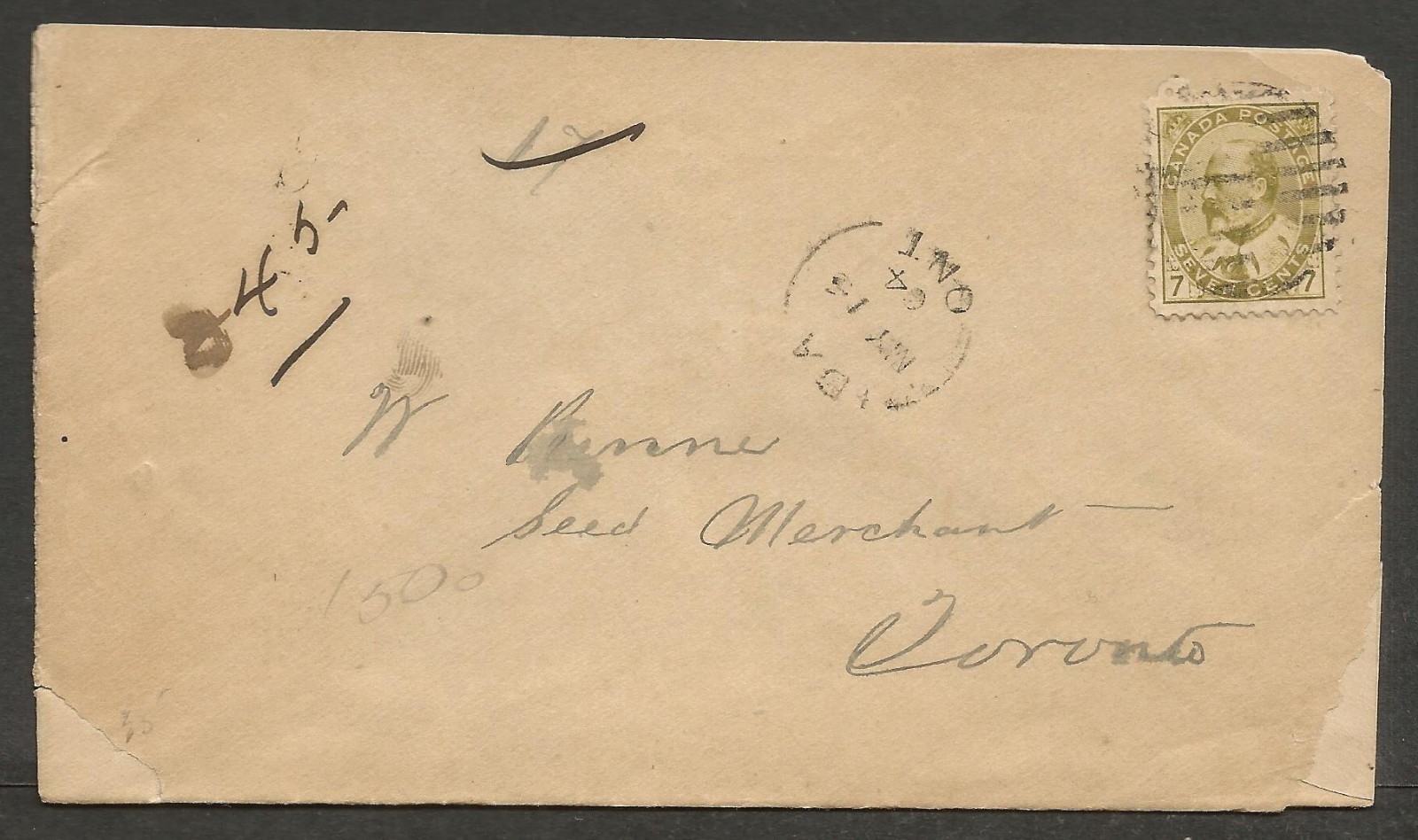 1904 7c Edward #92  Registered Cover Split Ring Ida Ont to Toronto via Millbrook