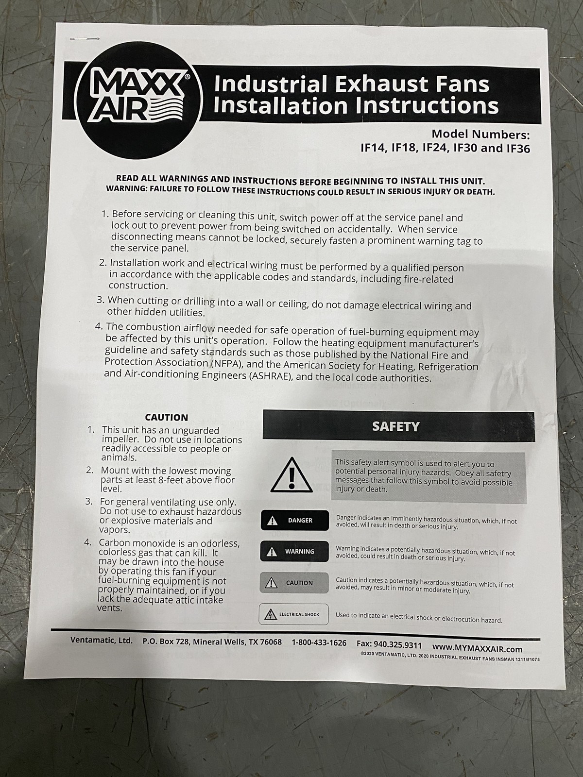 Maxx Air IF30 30” Wall Mount Exhaust Fan W/ Shutters 5500 CFM Direct Drive 1/2HP