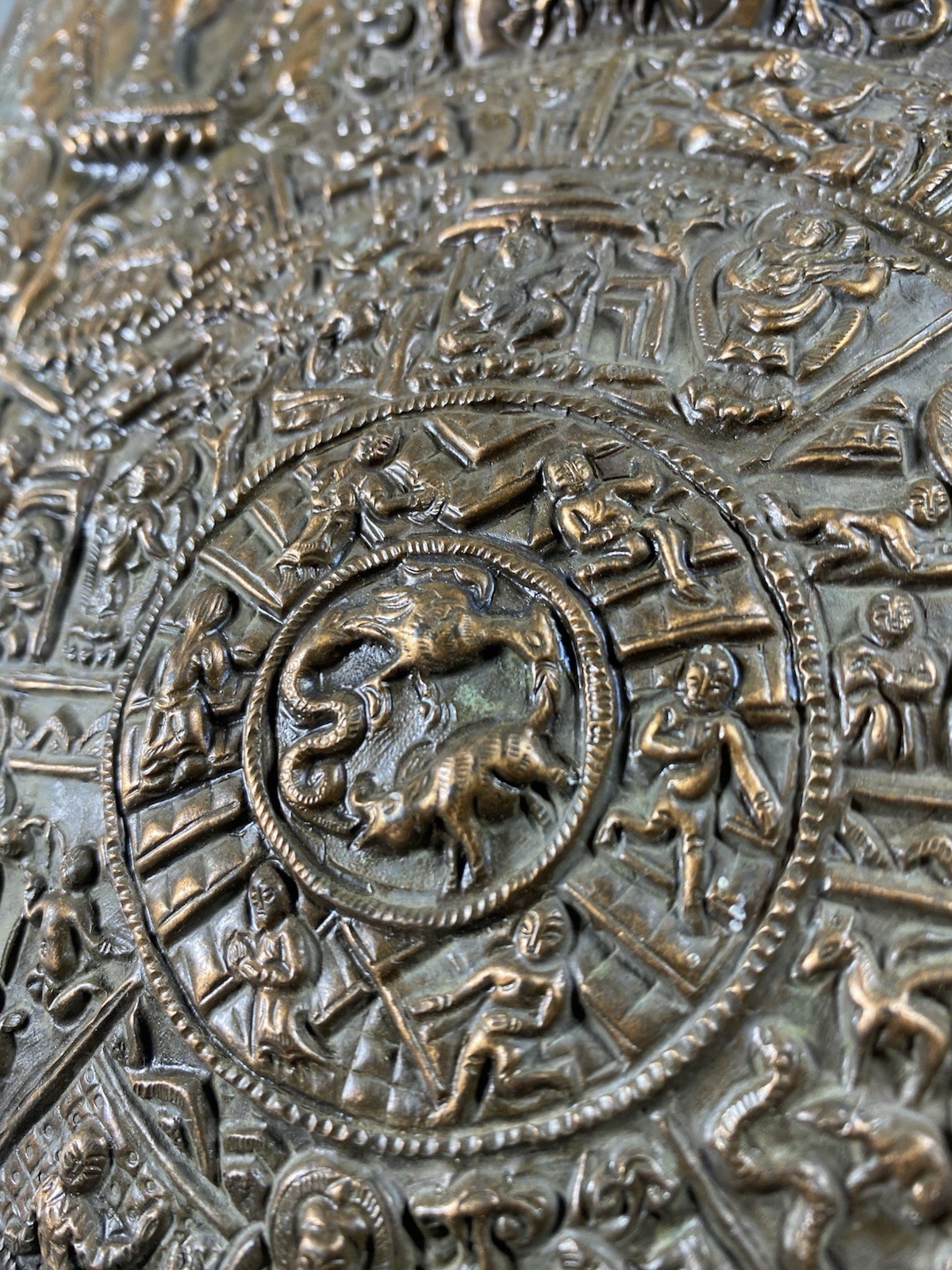 Antique Tibetan Zodiac Repousse Copper Panel Mandala Demonic Deity 10x8”