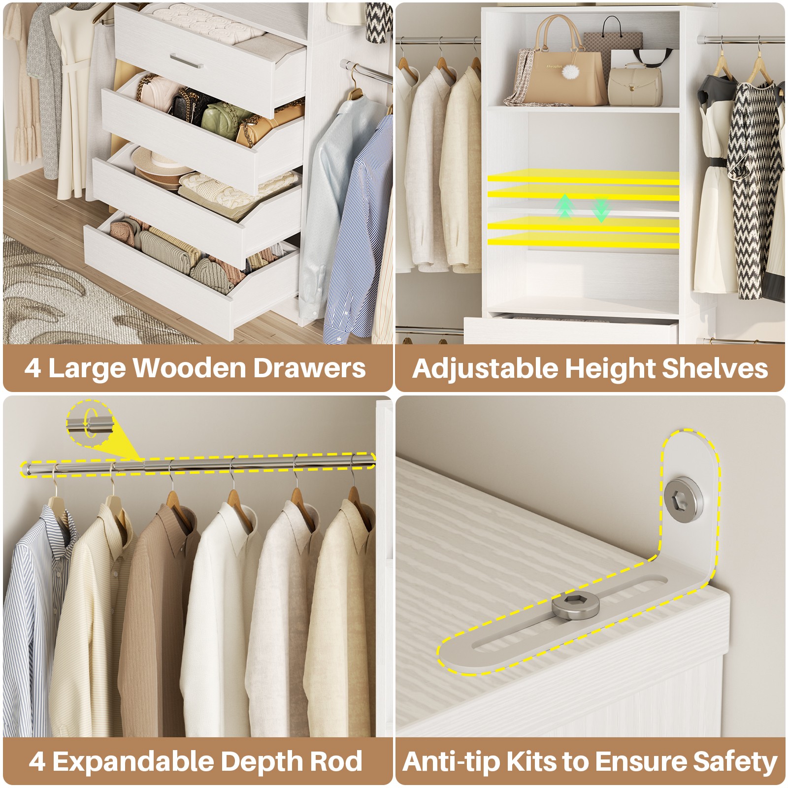 4-9Ft Closet Organizer with 4 Drawers and Hanging Rods, Walk-in Closet System
