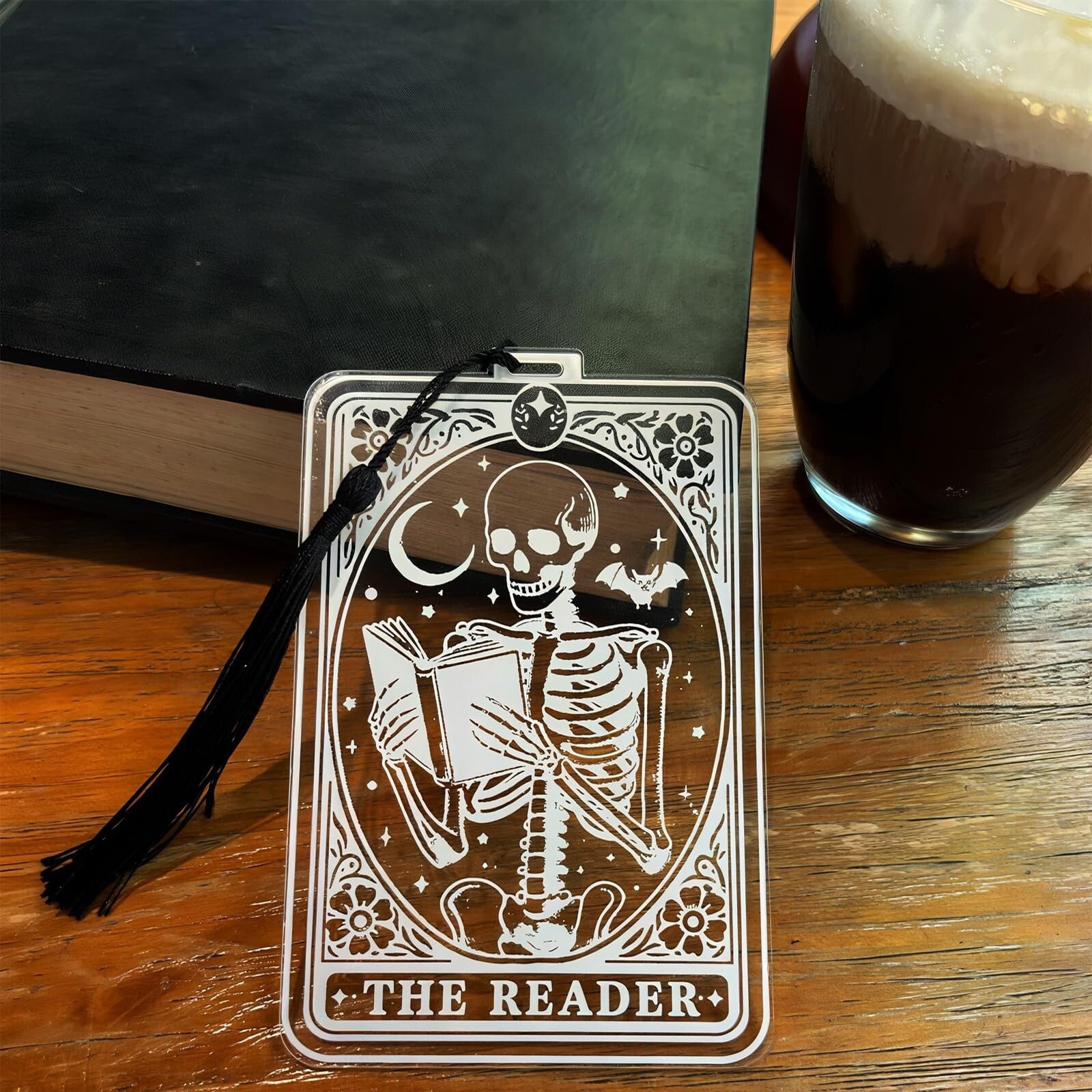 The Reader - Skeleton Tarot Card Bookmark with Tassel -Acrylic Gothic Book Acc..