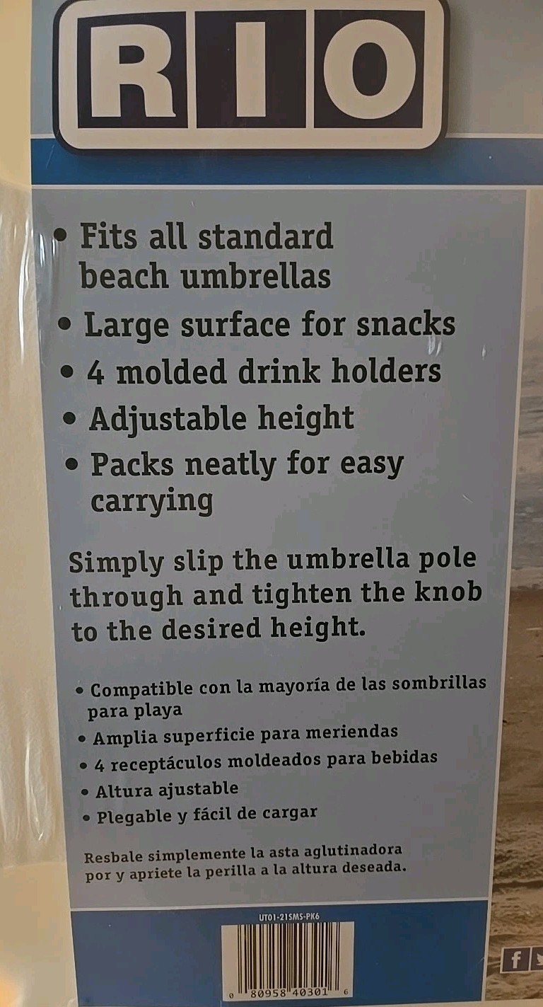 RIO Beach Umbrella Adjustable Table Tray Top w/ 4 Cup Holders/ New Sealed