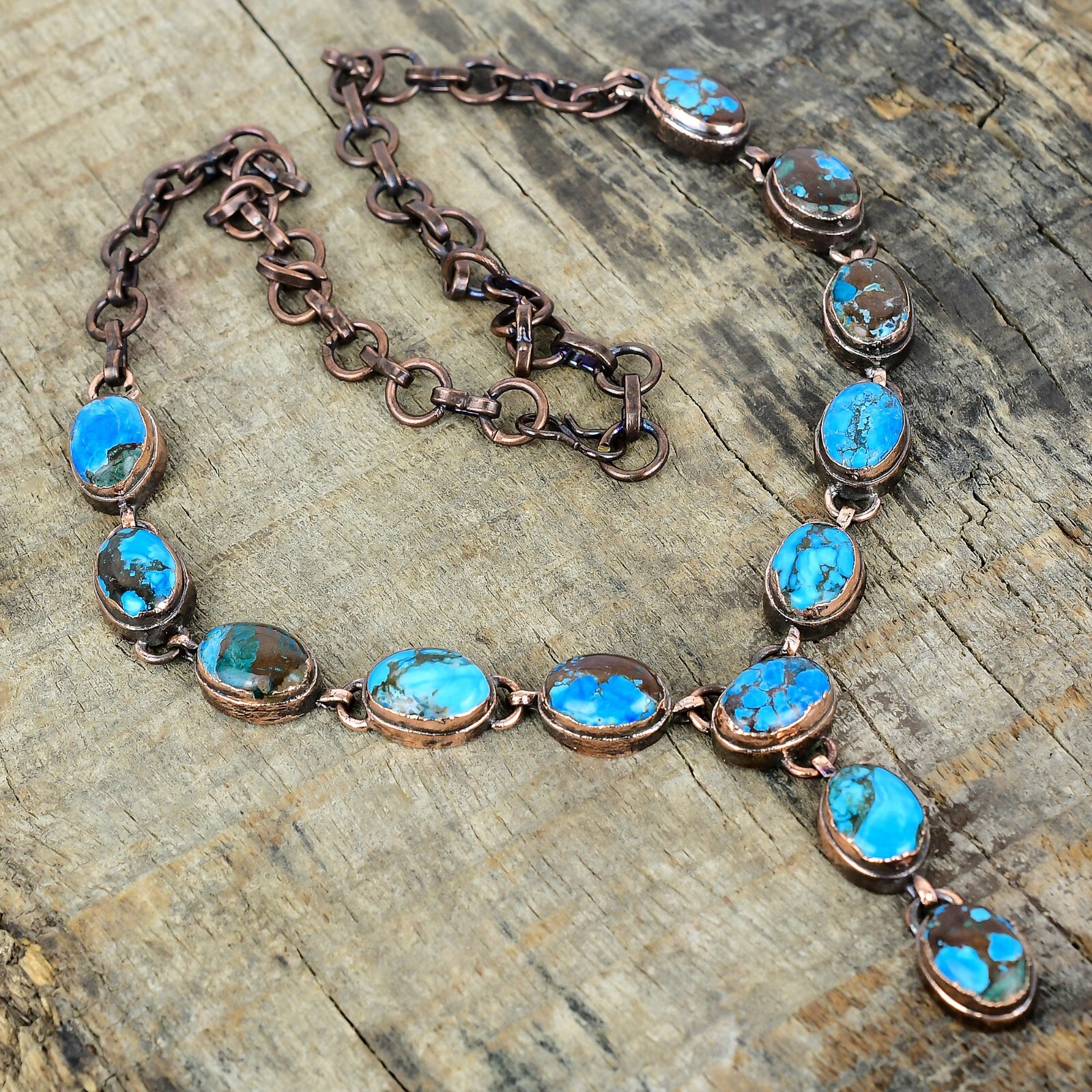 Copper Oval Tibetan Turquoise Stone Electroformed Bezel Chain Necklace Jewelry