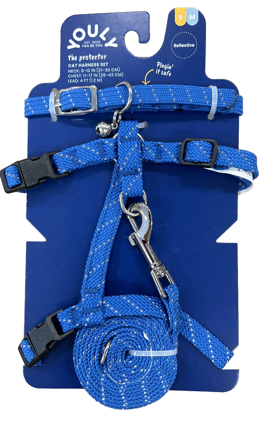Youly Blue Reflective Cat / Pet Harness & Leash Set, S/M, 4’ Leash, Bell Charm