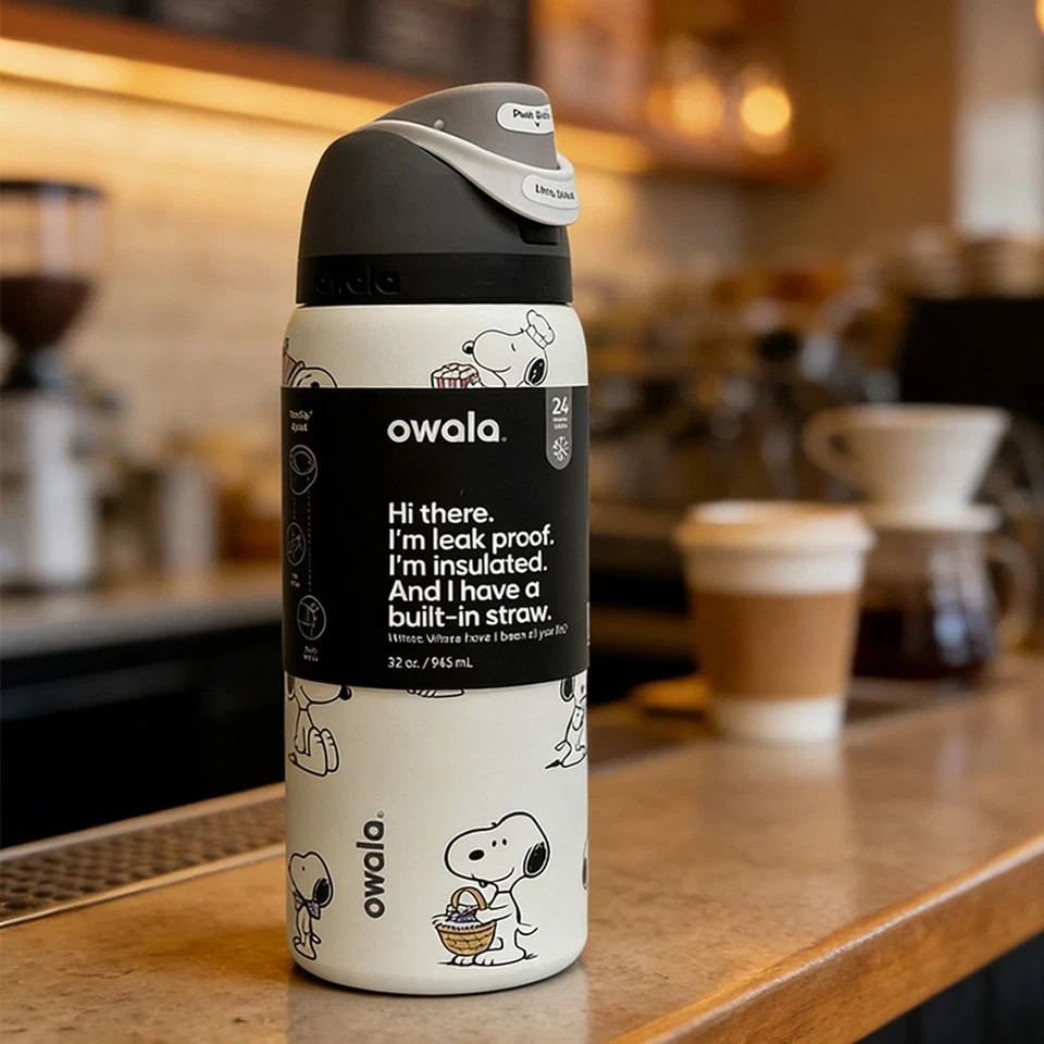Snoopy Owala 32oz Black Whtie Water Bottle Stainless Steel Exclusive Edition