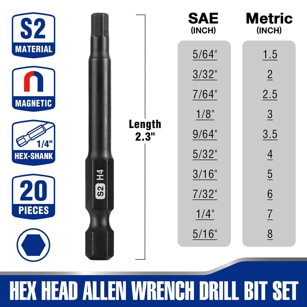 WORKPRO 20-Piece Hex Head Allen Wrench Drill Bit Set, New