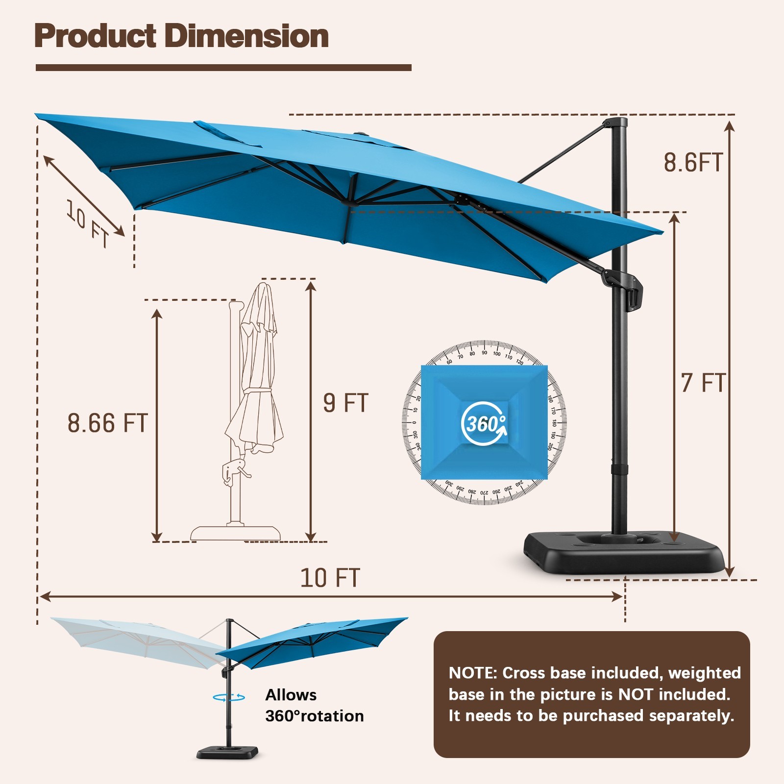 10x10ft Patio Umbrella Outdoor Cantilever Umbrella UV-Protective Sunshade Canopy