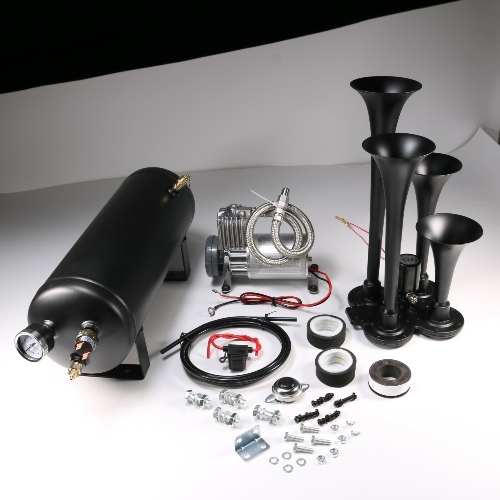 Train Horn Kit 4 Trumpets Semi Loud System 1.5G Air Tank 150PSI For Truck Car