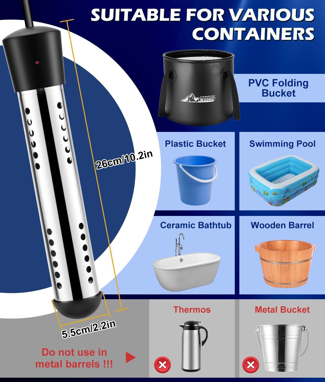 WADEO Portable Shower with Heater,5 Gal Foldable Bucket,LED Display Waterproof