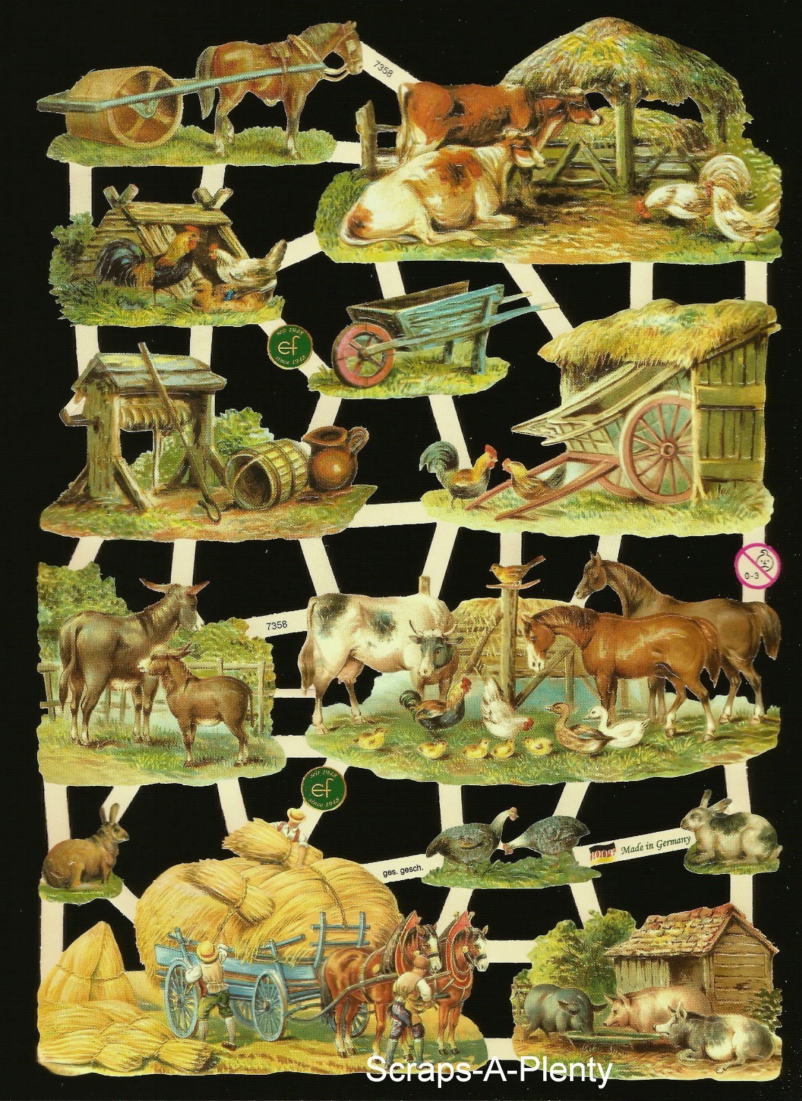 German Embossed Vintage Style Scrap Die Cut - Farm Animals Cow Pig Horse  EF7358