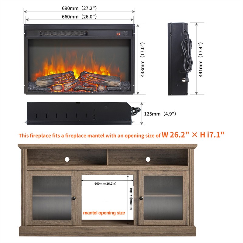26 inch Electric Fireplace Insert,Ultra Thin Heater w/Log Set & Realistic Flame