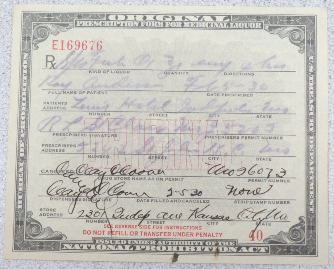Vintage Prohibition Prescription Medicinal Liquor Alcohol Spirits Missouri 1930