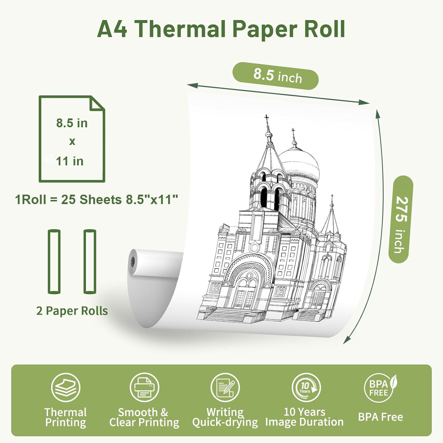 2 Rolls A4 Thermal Printer Paper 8.5x11" for M08F M832 M834 Portable Printer US