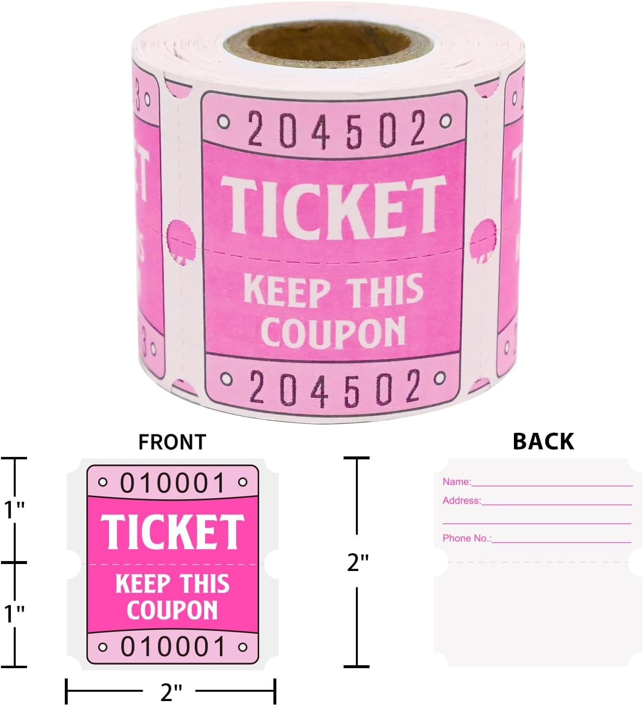 DGBDPACK 250 Raffle Tickets, 50/50 Double Roll 2 Inches X 1 Inch, Pink