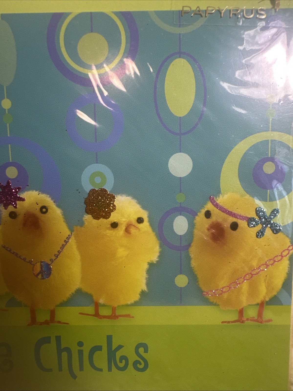 Papyrus Easter Card Hippie Chicks Peace Glitter Flowers Headbands Mod Groovy