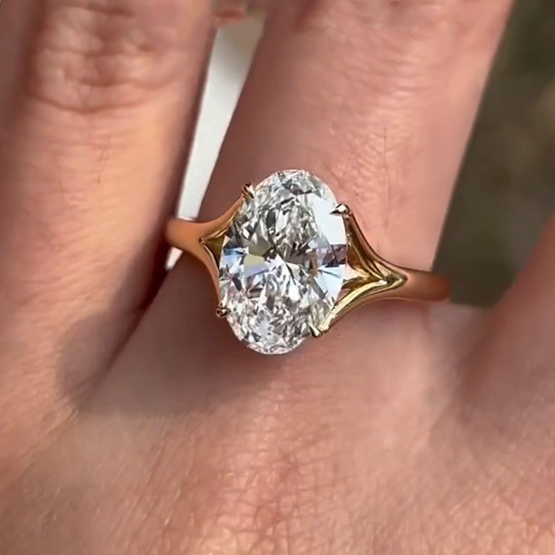 3.57 CTW Oval Cut Moissanite Hidden Halo Engagement Ring 14K Yellow Gold Plated