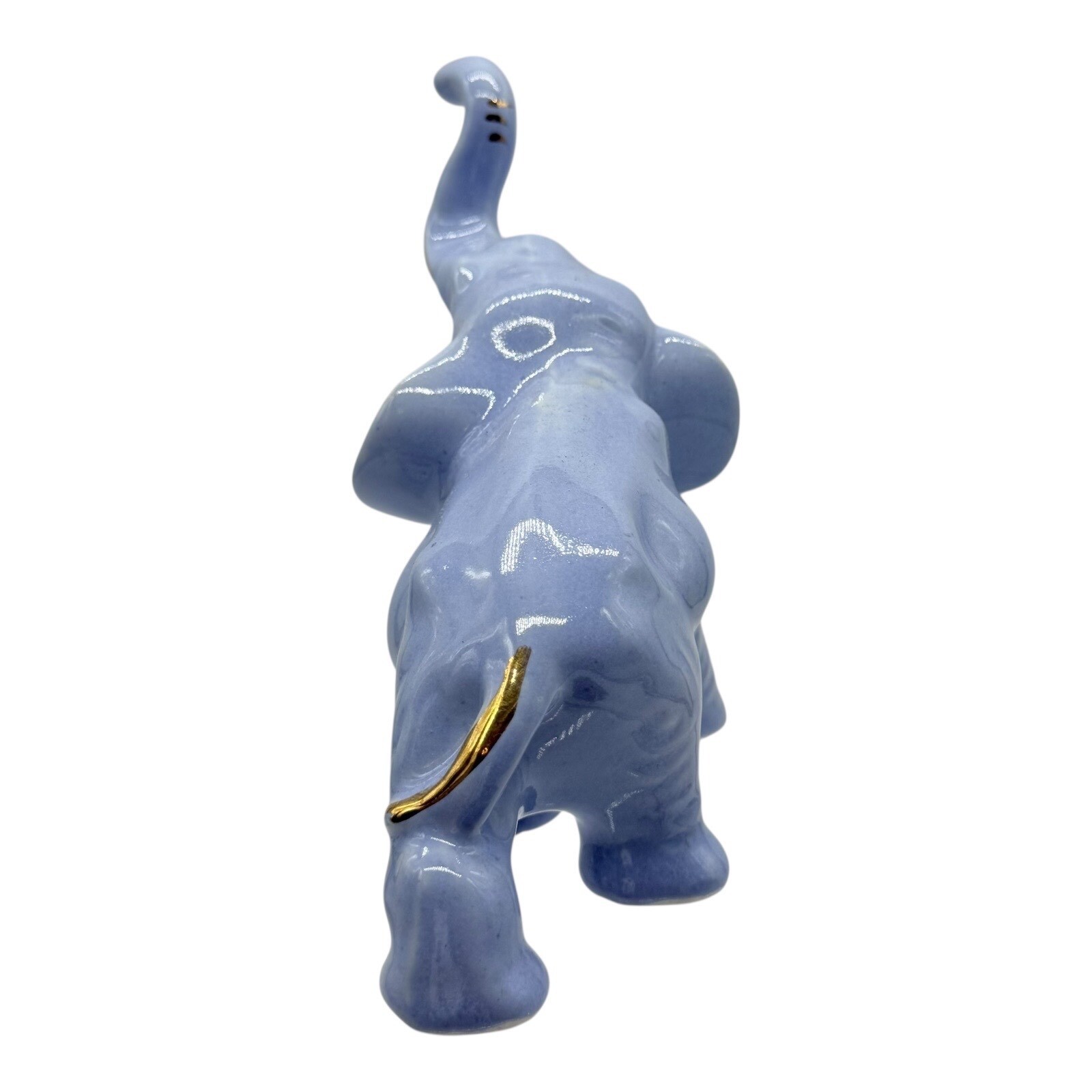 Elephant Figurine Blue Ceramic Gold Accents Trunk Up Good Luck Vintage Decor