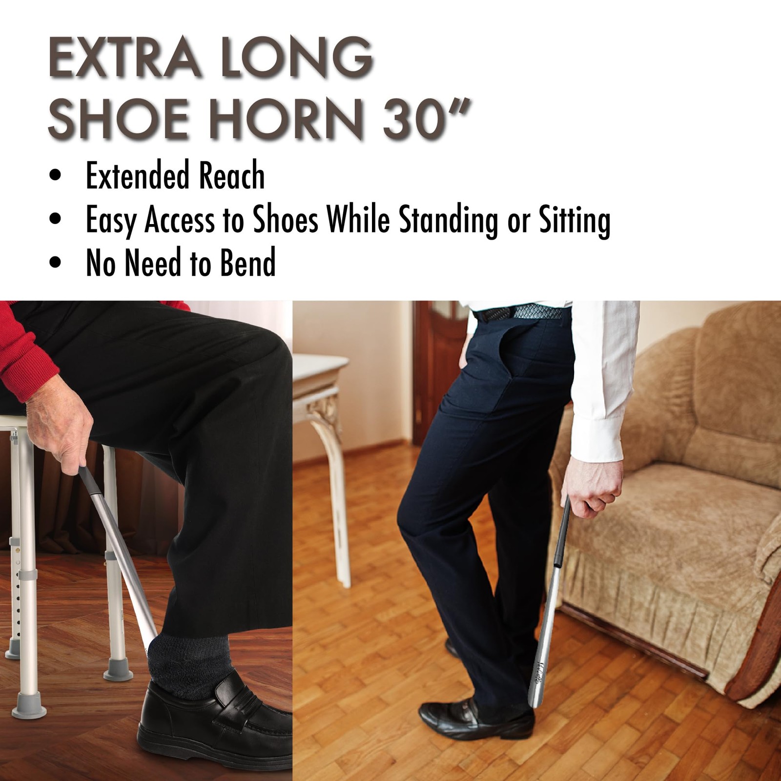 Velette Metal Shoe Horn Long Handle for Seniors - 30" Extra X-Large, Black