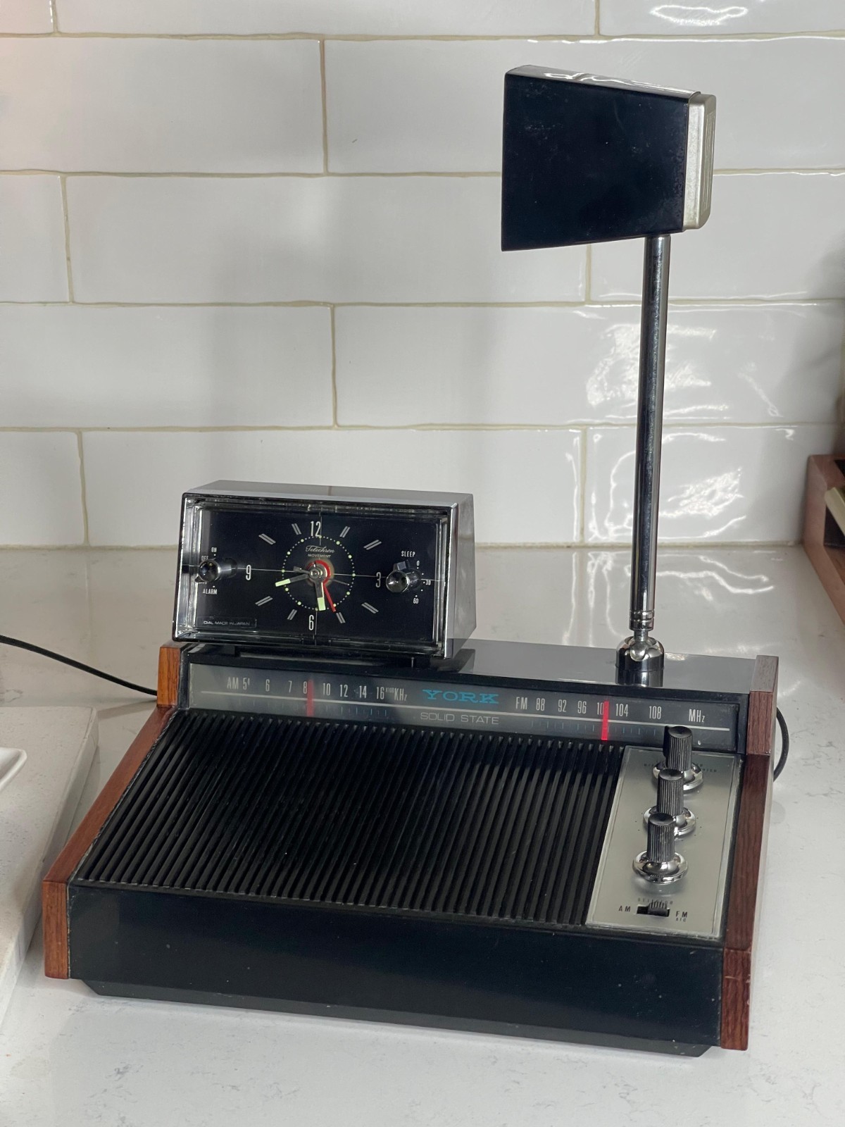 1960s Solid State YORK Rosewood MCM Clock Radio Desk Bedside Table Lamp.